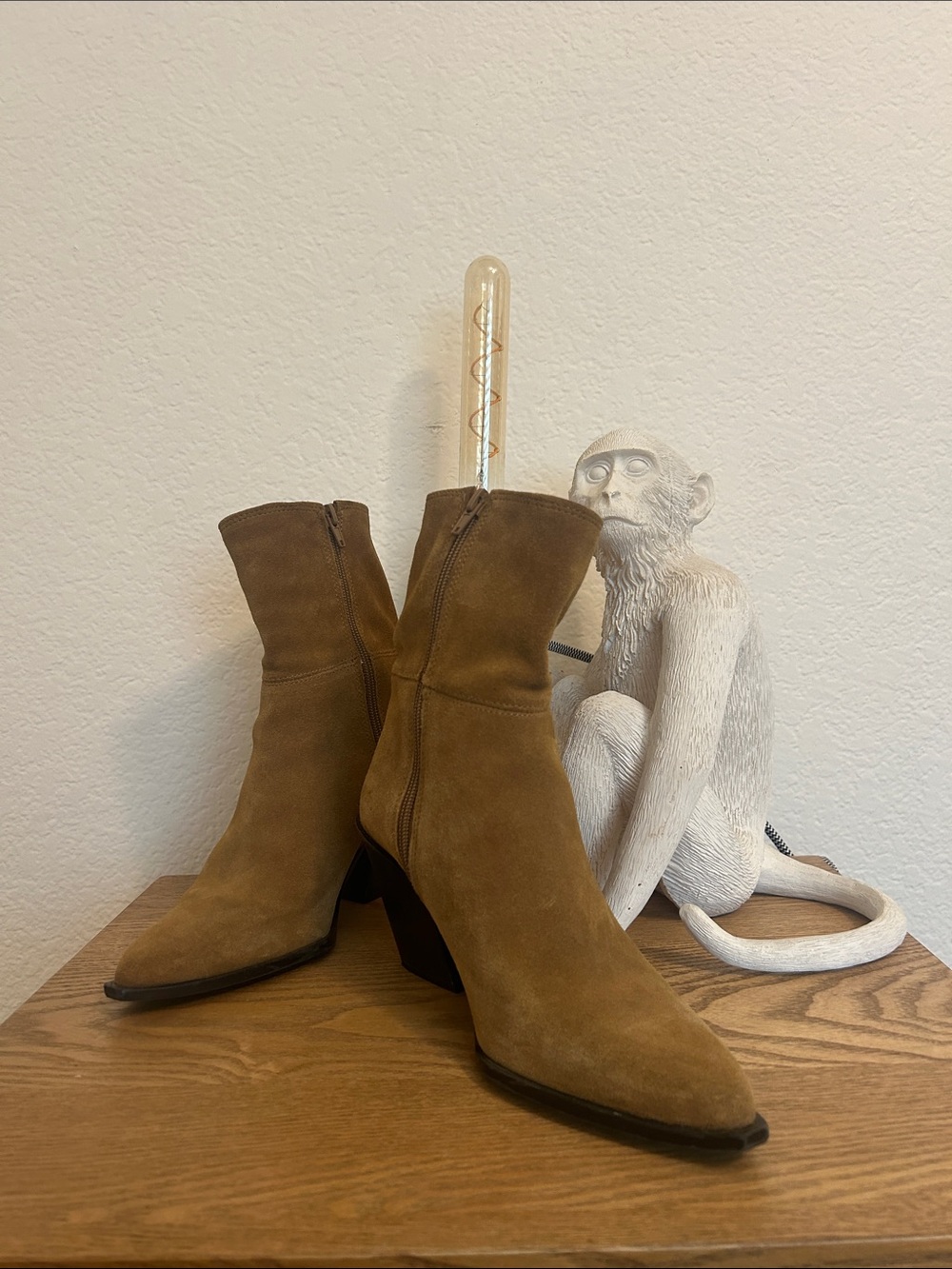 Zara Tan Suede Mid-Calf Heeled Boots